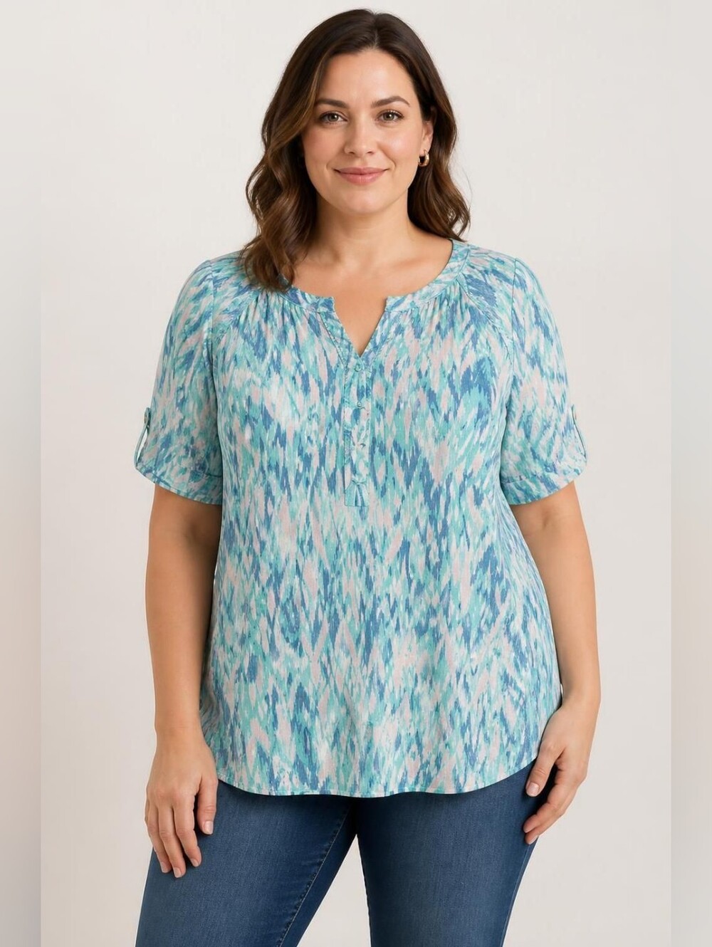 Kim Rogers 1X Aqua, Teal & White Abstract Short Sleeve Henley Top